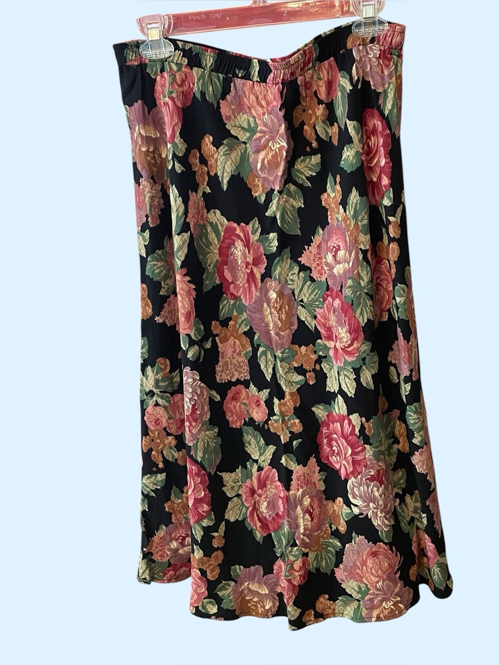 Carol Anderson Vintage Black Floral Midi Skirt with Pink Rose Print SZ EX Large